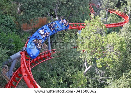 BARCELONA, CATALONIA, SPAIN - AUGUST 29, 2012: Roller coaster attraction in the Tibidabo Amusement Park, Barcelona,Catalonia, Spain