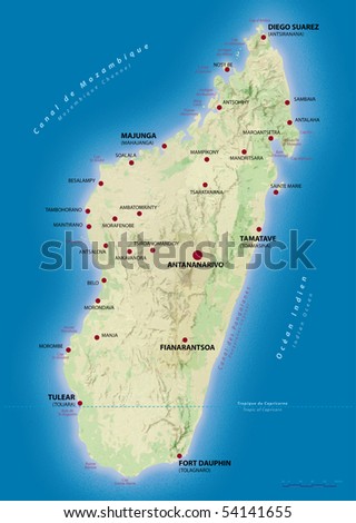 Map of Madagascar showing the main cities and places