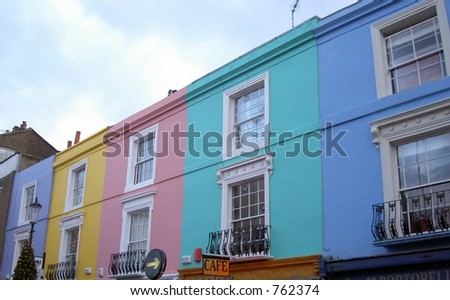 Colorful upper floors of store fronts in Portobello Road London, UK
