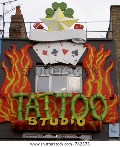 tattoostudio. stock photo : Colorful painted front of tattoo studio in Camden, London UK