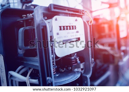 Electrical equipment. Electricity cable and crimper. Electricity meter. Background