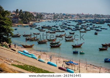 Old fishing boat in blue bay. Vietnam. background