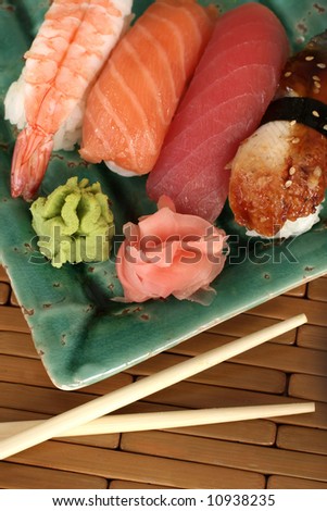 Assorted Pieces of Sushi with Chop Sticks