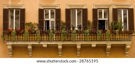 Panorama of windows, shutters and flowers