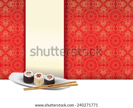 Sushi plate on red background with menu label