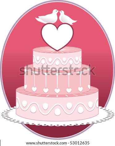 stock vector Pink wedding cake with hearts and doves