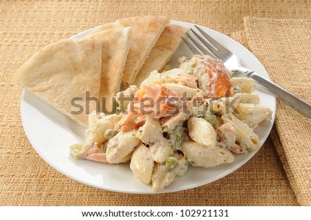 A salmon and pasta salad with pita bread