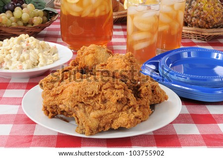 Summer foods, a fried chicken lunch on a picnic table