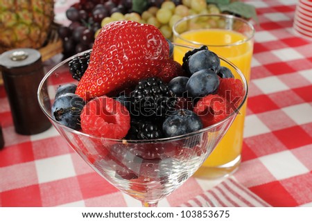 A martini glass with strawberries, blueberries, raspberries, and blackberries