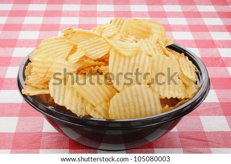 A large plastic bowl of potato chips on a picnic table