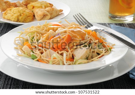 Thai chicken salad with crab rangoon and crab cakes