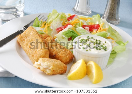 A closeup of a plate of fish sticks with a salad