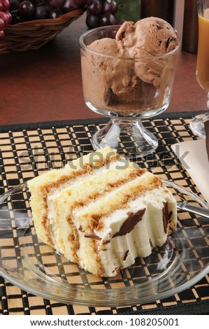A slice of tiramisu cake and chocolate ice cream with cappuccino