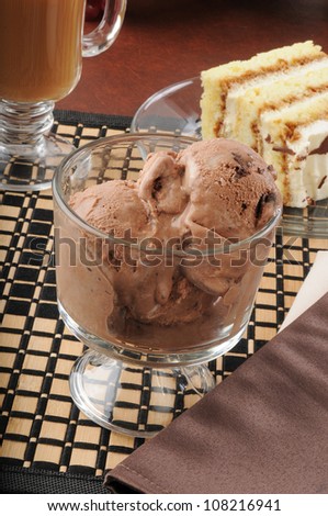 A glass dish of chocolate ice cream with tiramisu and cappuccino