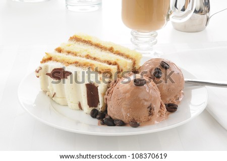 Tiramusu cake and coffee flavored ice cream with cappuccino