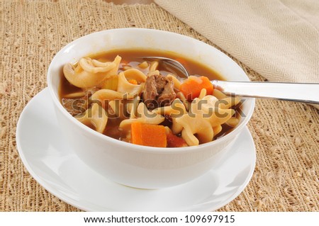 Closeup of a bowl of vegetable beef soup