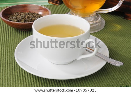 A cup of green tea with whole leaves in a sample dish