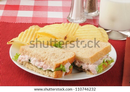 A deviled ham sandwich with potato chips and milk