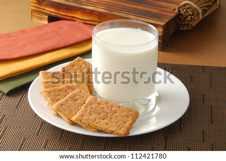 A plate of graham crackers with a glass of milk