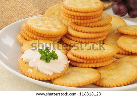A plate of wheat crackers with salmon cream cheese