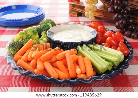 A healthy vegetable platter with ranch dressing on a picnic table