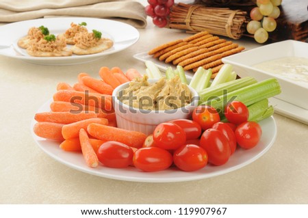 Vegetable platter, crackers and ranch dip and crackers with dill lobster spread