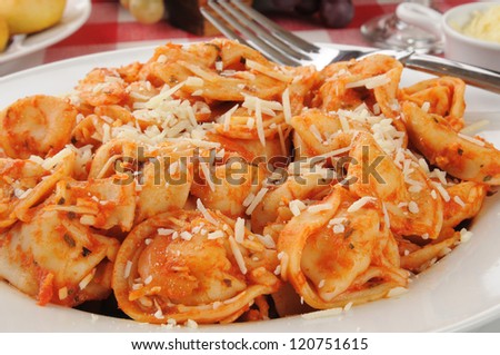Closeup of a bowl of cheese tortellini with marinara sauce and romano cheese
