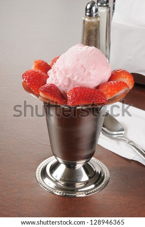 A soda fountain dish of strawberry ice cream or frozen yogurt