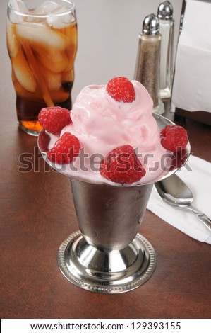 A soda fountain dish of frozen soft serve raspberry yogurt or ice cream