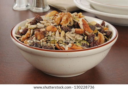 A bowl of healthy trail mix with raisins, pecans, walnuts, almonds and sunflower seeds