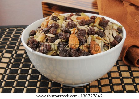 A bowl of healthy trail mix with nuts and raisins