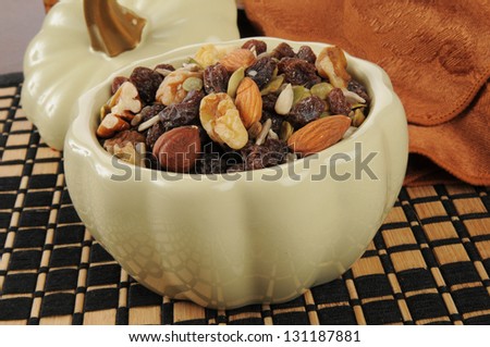 Healthy trail mix in a decorative serving dish