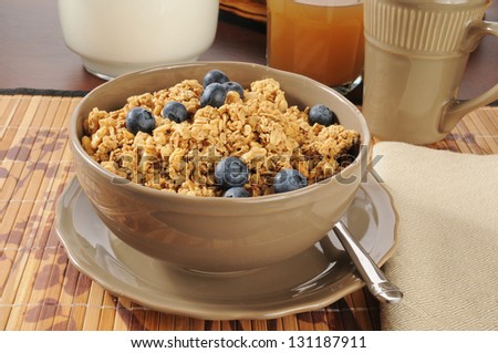 Granola with blueberries and a pitcher of milk