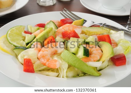 Closeup of a bowl of shrimp and avocado salad