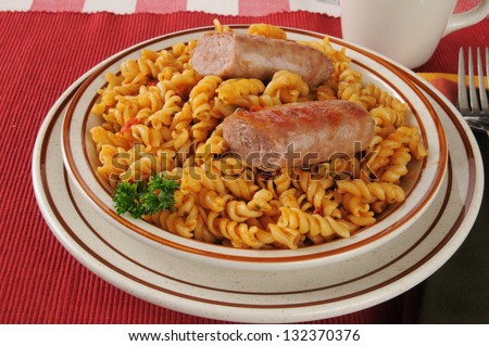 A bowl of pasta jambalaya with sausage