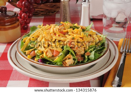 a bowl of taco salad on a picnic table