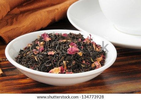 A sample dish of rose infused whole leaf black tea