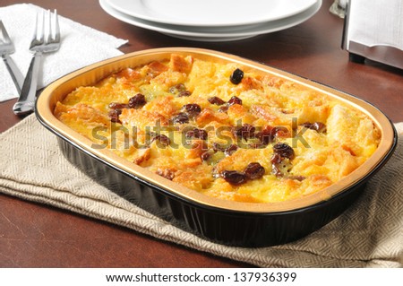 A serving dish of delicious bread pudding