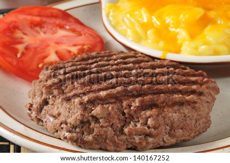 Closeup of a grilled ground sirloin patty with au gratin potatoes