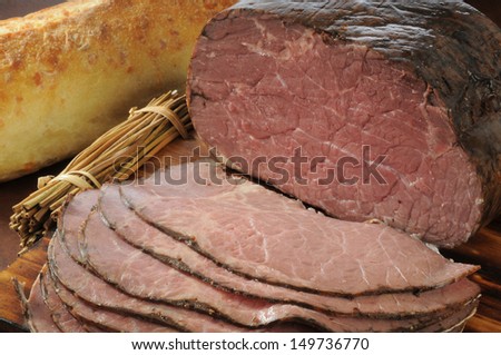 Thin sliced roast beef and a loaf of brad