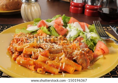Rigatoni with meatballs, Italian sausage and marinara sauce