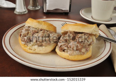 A variation of chipped beef on toast using ground beef and white sauce on biscuits