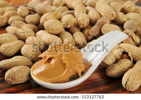 A spoonful of creamy peanut butter with peanuts in the shells in the background