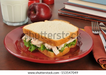 A chicken sandwich with an apple and milk as an after school snack