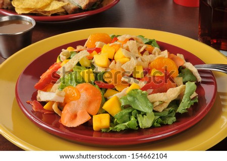 A garden salad with tropical fruit, chicken and crispy wonton strips