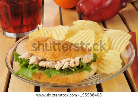 A chicken sandwich on a croissant with potato chips and fruit