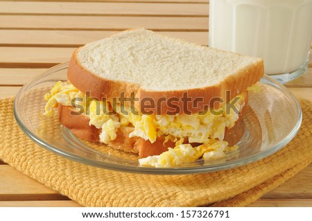 A scrambled egg sandwich and a glass of milk
