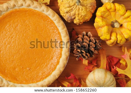 Artistic photo of sweet potato pie, or pumpkin pie with autumn leaves and colorful gourds