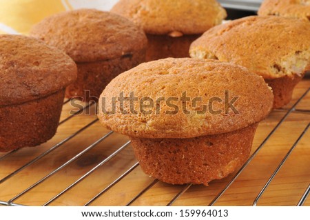 Fresh baked banana muffins on a cooling rack