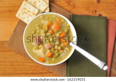 Split pea soup with chunks of ham and carrots